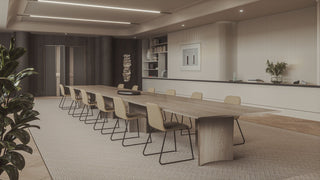 Long conference table with chairs in a modern room.