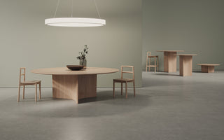 Dining room with wooden furniture.