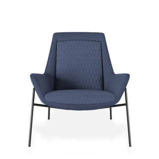 Blue armchair with quilted upholstery and black metal legs