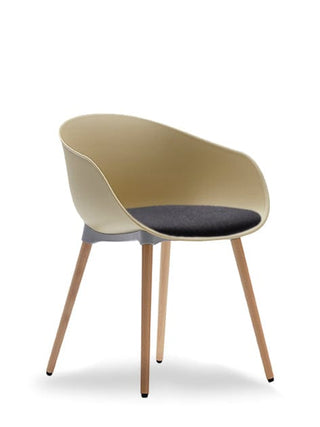 Modern chair with wood legs and dark cushion