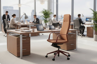 Brown office chair with high backrest on a in an office