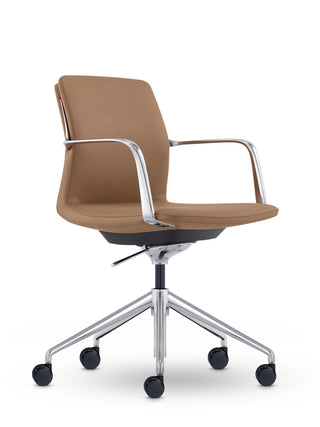 Million tan chair with chrome frame and wheels on a white background