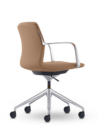 Million tan back angle chair with chrome frame and wheels on a white background