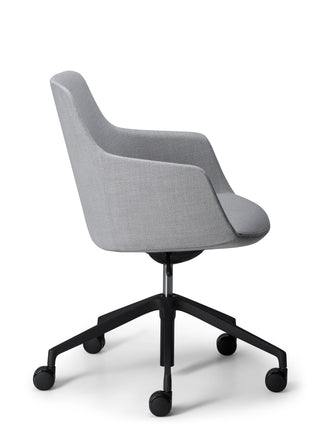 Gray office chair with black wheels on a white background