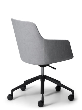 Gray office chair with black wheels on a white background