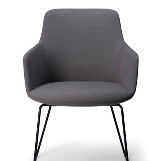 Gray chair with black metal legs on a white background