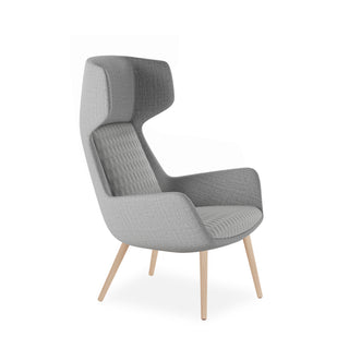 Gray upholstered chair with wooden legs on a white background