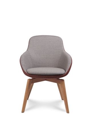 Gray upholstered chair with wooden legs on a white background