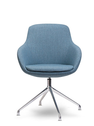 Blue chair with a chrome base on a white background