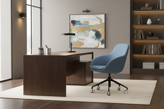 Blue office chair with black wheels in an office