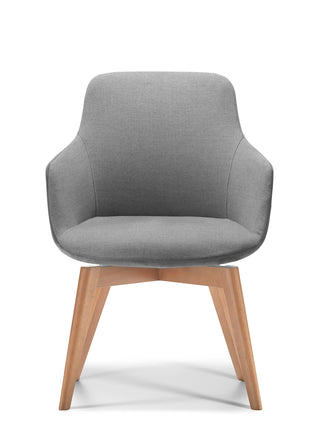 Gray upholstered chair with wooden legs on a white background