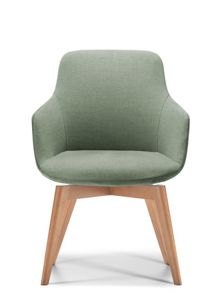 Green upholstered chair with wooden legs on a white background