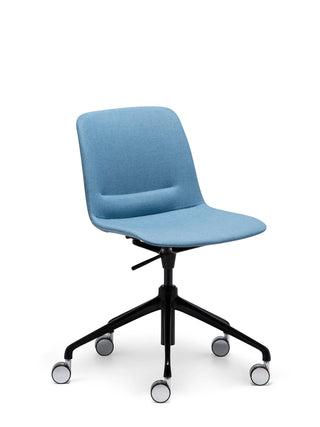 Nu Soul blue office chair with black wheels on a white background