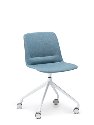 Nu Soul angle blue office chair with white wheels on a white background