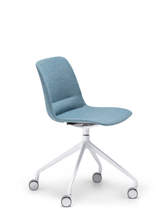 Nu Soul sharp angle blue office chair with white wheels on a white background