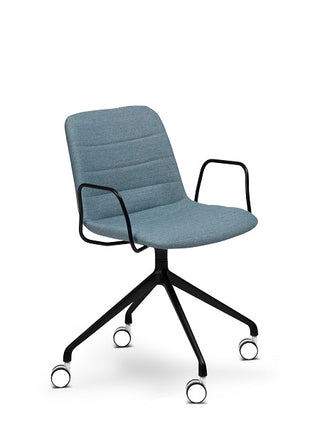 Blue office chair with black frame and wheels on a white background