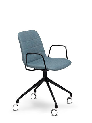 Blue office chair with black frame and wheels on a white background