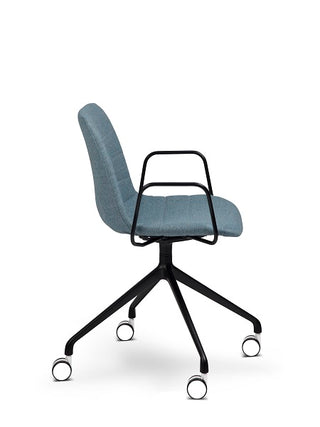 Blue office chair with black frame and wheels on a white background