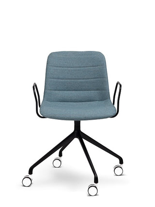 Blue office chair with black wheels on a white background