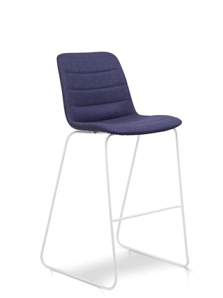 Front angle Nu Soul blue bar stool with white metal legs on a white background