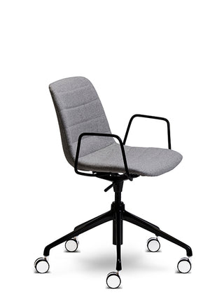 Gray office chair with black frame and wheels on a white background