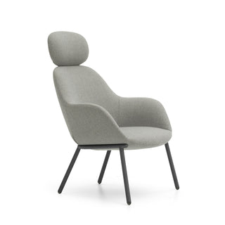 Gray upholstered chair with black metal legs on a white background