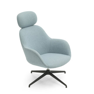 Modern light blue armchair with a black swivel base on a white background