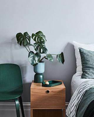 Bedroom decor with monstera plant and wooden nightstand