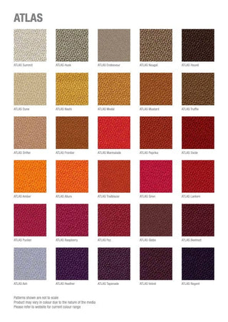 Atlas fabric color swatches and specifications