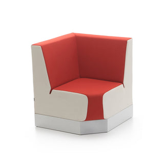 Modern chair with red cushioned backrest and beige seat on a white background
