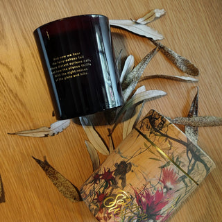 BushMagic candle and box with floral design
