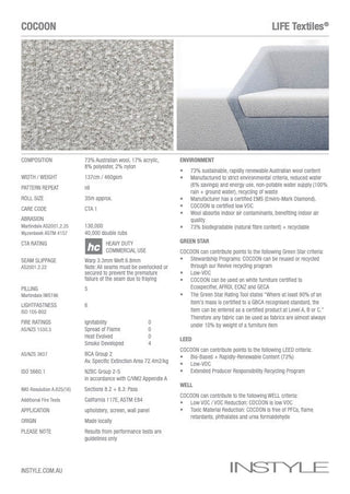 Cocoon fabric specification sheet