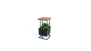 Island console with plant stand, wood top, and black planters