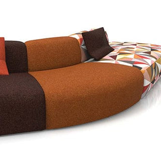 Curved outer sofa in brown and orange fabric