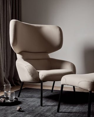 Beige armchair & ottoman on dark rug