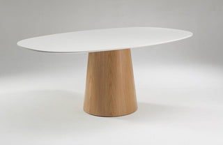 Oval white top and wooden base.