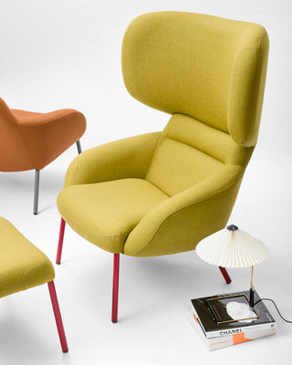 Didier armchair, September 2021, yellow with red legs