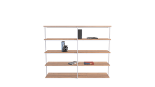 Large grid shelf with books and decor