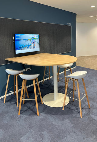 Edit of modern office break room with table and stools.