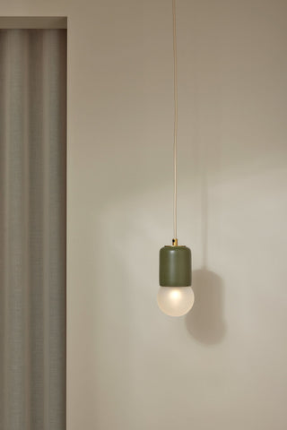 Marz Designs Terra-1 pendant light, olive green and brass finish.