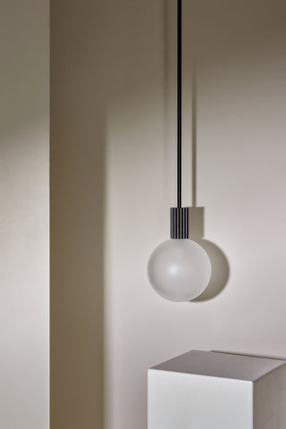 Marz Designs Attalos Pendant 200 in Brushed Black, off, portrait view.