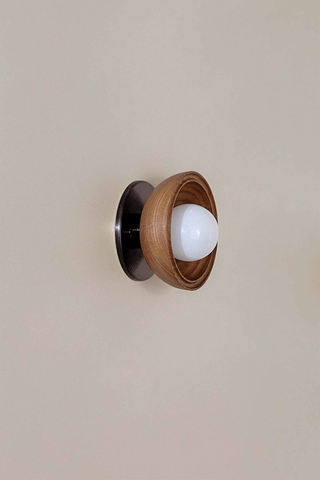 Marz Designs Selene Mini Sconce, Walnut & Brushed Black, Opal Side View