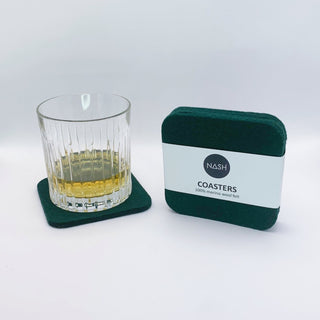 NASH green square forest coasters with glass of whiskey