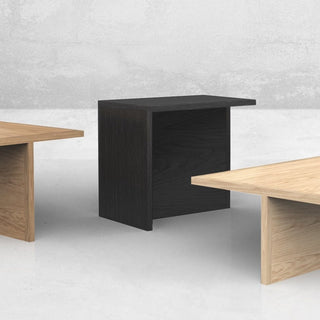 OAK LTGRP Tables - Dark wood side table and light wood table corners