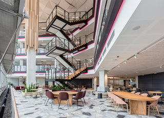 Modern office interior with staircase, July 16, 2020