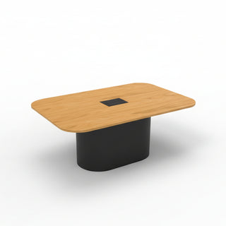 Wooden table with a black base on a white background