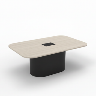 Beige conference table with black base on a white background