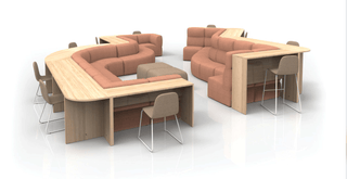 Modern office seating area with tables and chairs