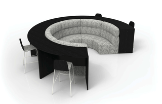 Black curved sofa with stools