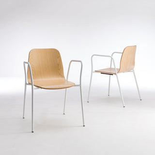 TILLERSlimArmchair4-legsstackingsq, wood seat, white frame, stackable